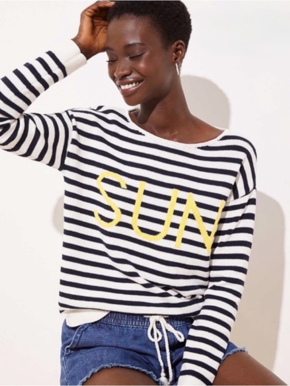 LOFT Navy & White Striped Knit Sweater